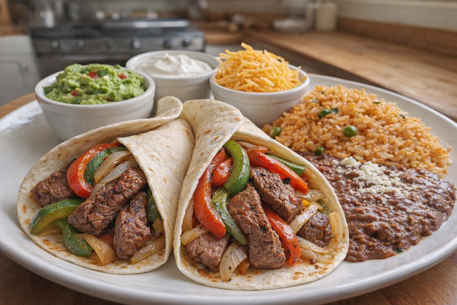 An eye-level shot of plated beef fajitas with classic sides. The tortillas are filled with steak and peppers, served alongside a bowl of guacamole, sour cream, shredded cheese, and a side of Mexican rice and refried beans.